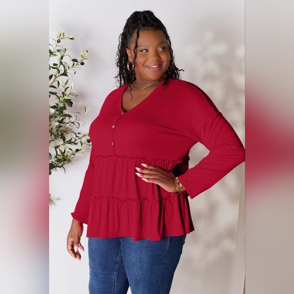 Double Take Half Button Long Sleeve Ruffle Hem Blouse Plus Size Available - Picture 5 of 6